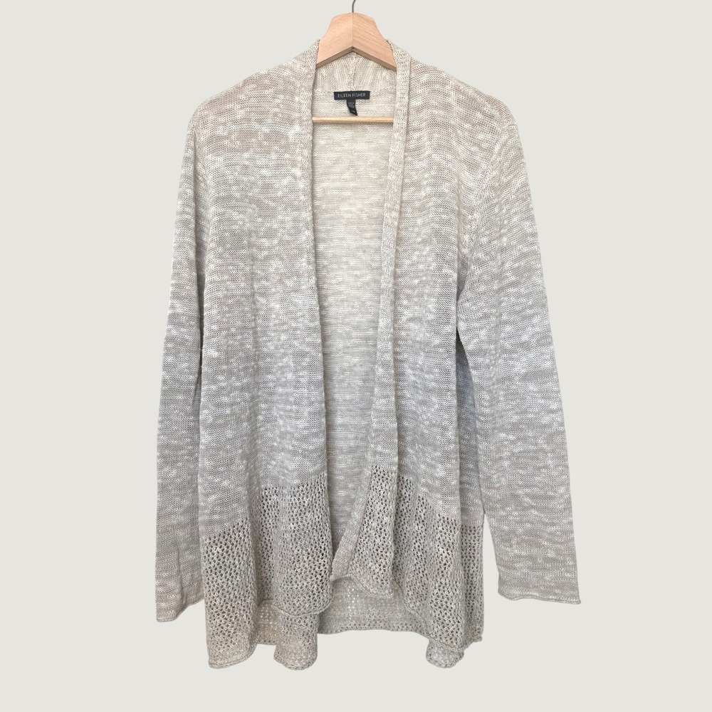 Eileen Fisher Organic Linen Cotton Open Front Cardigan Beige Mesh Hem Large